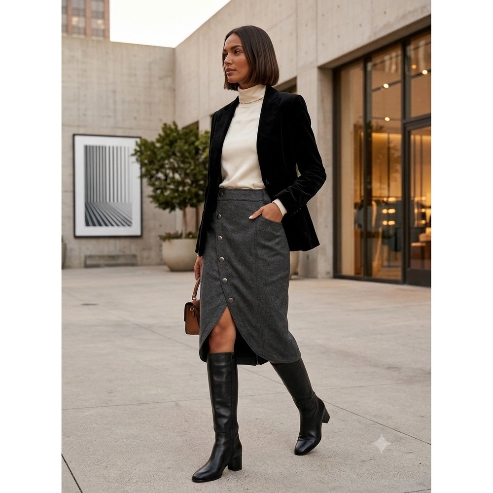 SKHOOP Grey Wool Blend Button Front Midi Skirt Womens‎ Medium Charcoal Heather
